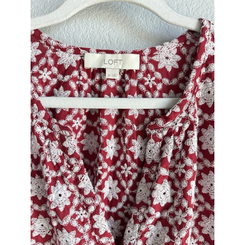 LOFT Floral Eyelet Lace Red Blouse Puff Sleeve Scallop Cottagecore Coquette XL